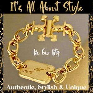 🆕 Tory Burch Authentic Torsade Vintage Gold Engraved Logo Bracelet